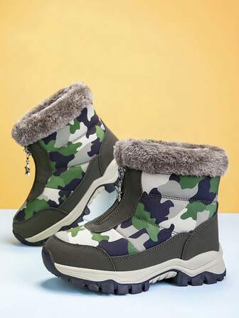 بوت شتوية للأطفال مع بطانة حرارية، نعل خارجي مقاوم للانزلاق وقوي، أعلى مقاوم للماء، تصميم سحاب مريح، بوت ثلج كاموفلاج للأطفال
