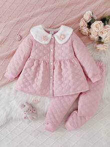 Conjunto de 2 piezas de chaqueta de cárdigan acanalada con cuello Peter Pan y flores 3D + pantalones para niña - Rosa - Ver 1