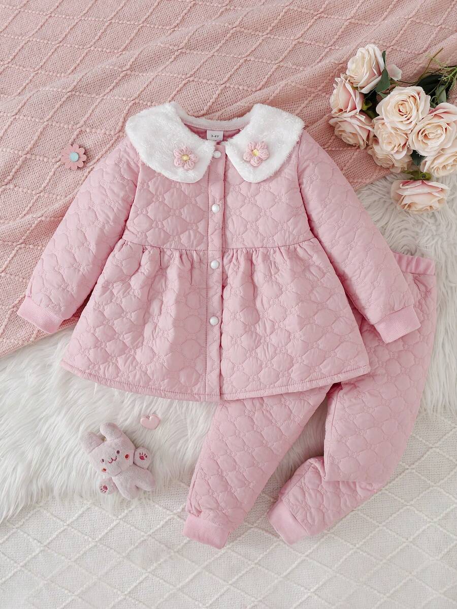 Conjunto de 2 piezas de chaqueta de cárdigan acanalada con cuello Peter Pan y flores 3D + pantalones para niña - Rosa - Ver 1