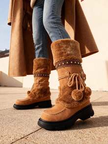 Women's Winter Furry Knee High Snow Boots Fashion Platform Chunky Heels Warm Faux Fur Lining Pull On Casual Comfy Boots Woman - màu nâu - Xem 3