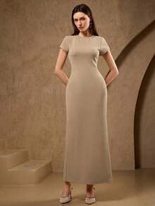 秋季针织罗纹长裙 - 沙色、毛衣裙、优雅圆领长裙、商务休闲女装、家庭装、老钱风格、外出装、秋季女装、万圣节、女士工作服、冬季、圣诞节短袖 - 駝色 - 查看 4