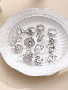 7/14pcs Fashionable Exaggerated Vintage Coin & Chunky Flower Faux Pearl Ring Set, Women Vacation, Party, Birthday, Holiday Gift, Versatile Daily Wear - Silver - View 6