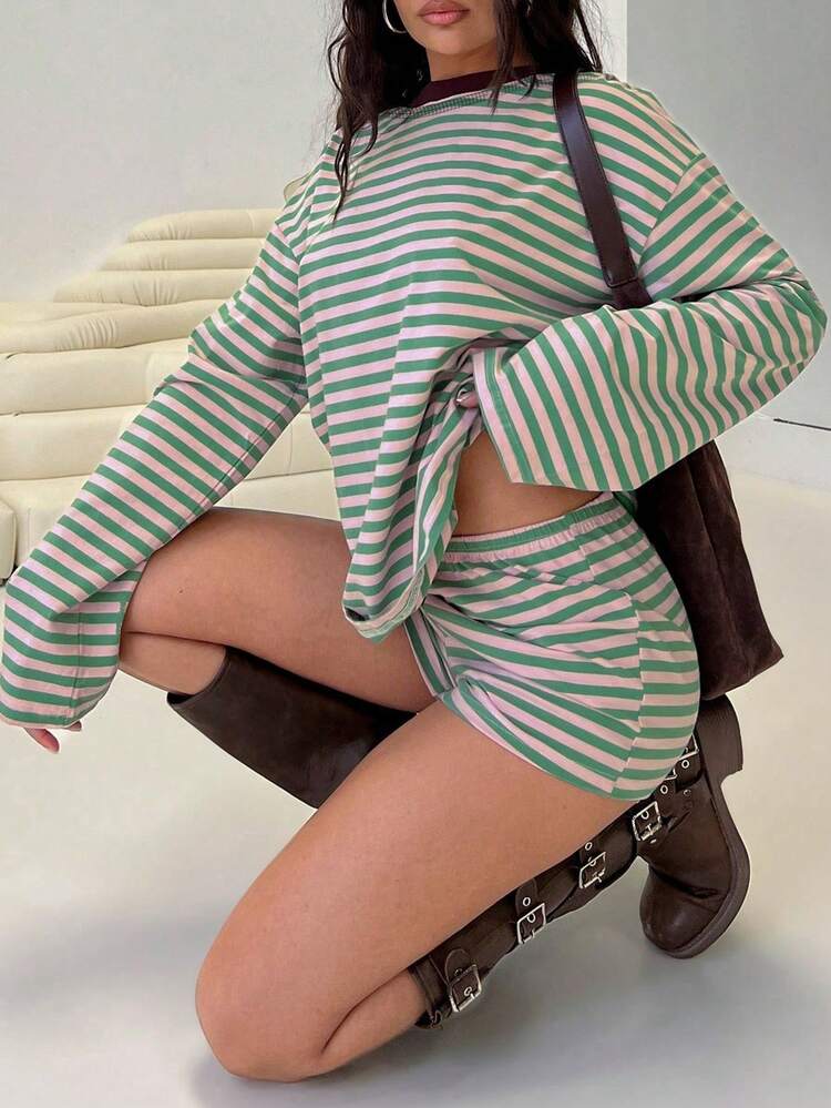 Gestreepte, contrasterende ribbels, casual, losvallende pullover top voor de lente - roze groen - Bekijken 3