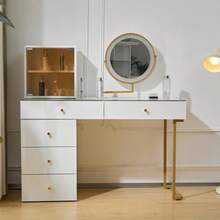 Dressing Table Set With LED-Illuminated Mirror, Transparent Tempered Glass Tabletop, Dressing Table Side And Cabinet, Elegant Furniture, White, Dimensions: 120 X 45 X 115 Cm (Without Stool) - White - View 12