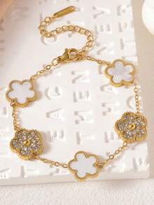 1件装时尚不锈钢镶钻五瓣花手链，优雅珍珠母贝奢华手链，女士款 - 鑲鑽五葉花貝母手鍊 - 查看 10