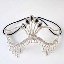 Máscara de Strass com Borla, Máscara de Luxo Totalmente Enfeitada com Strass e Penas, Acessório para Festa de Mascarada