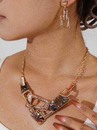 Cring Coco 2件套时尚波西米亚珐琅简约几何镶嵌树脂首饰套装，极简项链耳环套装，适合日常、晚宴、派对、度假、音乐节、情人节、嘉年华等场合佩戴，是馈赠佳品。