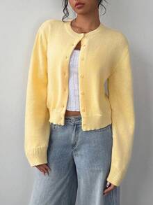 1 Áo len cardigan dệt kim dài tay cổ tròn màu trơn đa năng dành cho nữ và bé gái, dày và ấm, thích hợp cho mùa xuân, thu, đông - Màu vàng - Xem 4