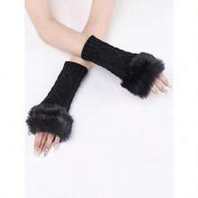 1pair Women's Coffee Colored Short Knitted Gloves With Exposed Fingertips, Winter Warm And Stylish - 黑色 - 查看 4