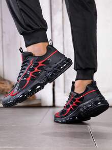 أحذية رياضية رجالية منخفضة الكاحل - أحذية ذات رباط باللونين الأسود والأحمر، مع دعم للقوس، وبطانة مطاطية مبطنة، مناسبة للجيم والجري والرياضة اليومية - خفيفة الوزن ومنفذة للهواء، مناسبة للارتداء اليومي والرياضي، تصميم أنيق، بطانة قماشية - الأسود والأحمر - مشاهدة 9