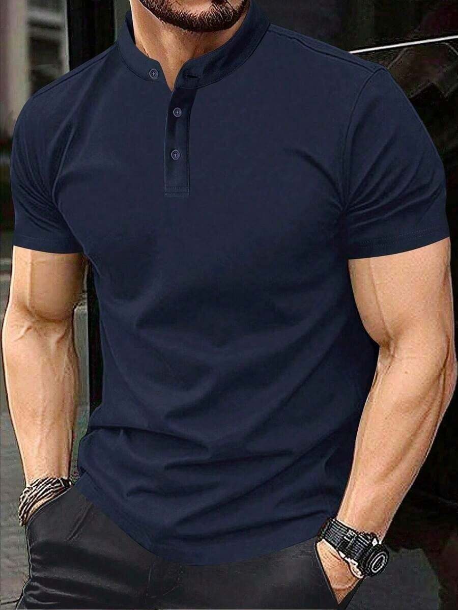 Men's Solid Color Casual Polo Shirt With Stand-Up Collar, Fashion Henley Style - 海洋 - 查看 1