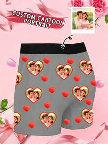 1pc Customizable Men's Boxer Briefs, Black Shorts, Comfortable & Breathable, Printed Pattern, Ideal Gift For Husband Or Girlfriend On Christmas, Valentine's Day, Birthday - Grey - View 4