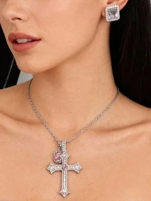 3-Piece/Set Rhinestone Cross Pink Square Pendant Necklace, Square Zirconia Earrings, Necklace And Earring Jewelry Set, Stylish And Luxurious Silver Necklace And Earring Jewelry Set, Suitable For Women's Everyday Wear, Perfect For Dates, Parties, Holidays And Jewelry Gifts. - Bạc - Xem 6