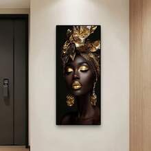 1 pièce Impression sur canevas moderne sans cadre Peintures Salon Art moderne Décoration de maison Art Femme mode noire et dorée Fleurs Affiche sur canevas Art mural Impressions Décoration de chambre à coucher Affiche réaliste Œuvre d'art de la pièce Cadeau décoratif - Noir - Voir 3