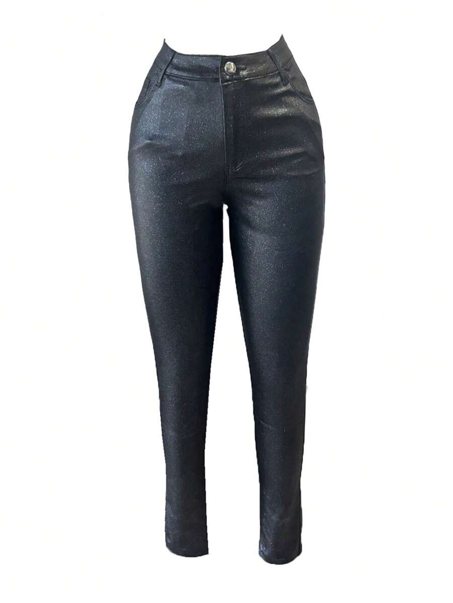 Apperloth A 街頭高腰斜口袋閃亮PU皮革彈性修身緊身褲，休閒經典長褲 - 黑色 - 查看 1