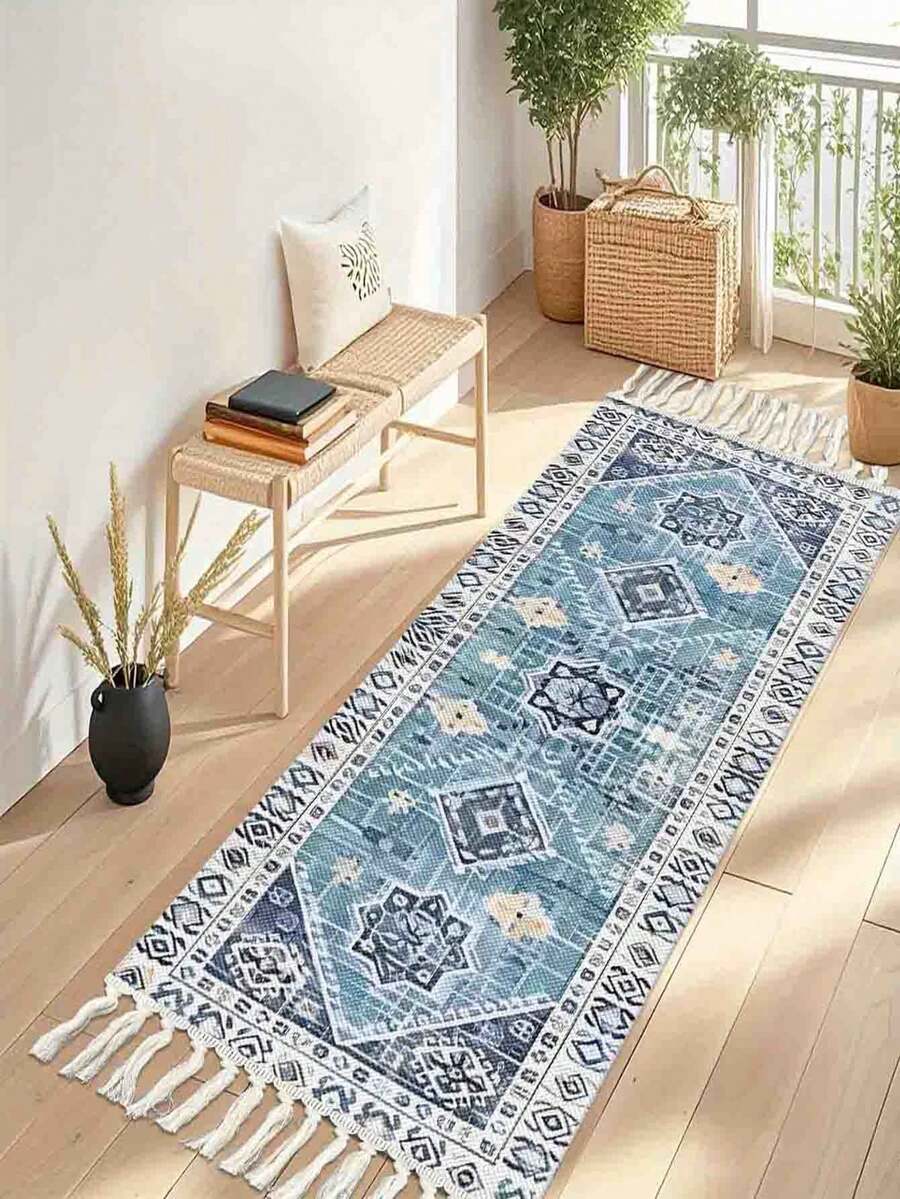 1pc Blue Patterned Decorative Rug, Bohemian Style Woven Non-Slip Rectangular Area Rug With White Tassels, Easy To Clean Small Rug Suitable For Kitchen, Laundry Room, Game Room, Farmhouse, Patio, Balcony, Porch And Office, All-Season Indoor Outdoor Durable Doormat, Autumn/Winter Decor, Home Decor, Holiday Gift