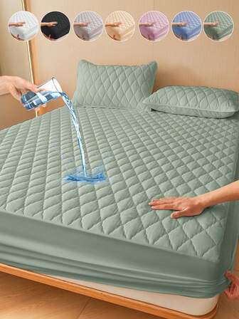 1 pieza Sábana ajustable impermeable de color verde sólido, ropa de cama, decoración del hogar, textil del hogar cómodo, protector de colchón transpirable y antipelusas, cubierta de colchón impermeable, ropa de cama suave y cómoda para el dormitorio, colchoneta para el colchón amigable con la piel