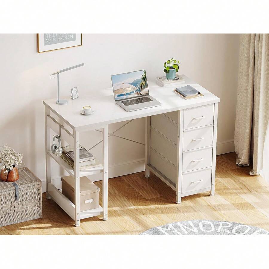 40 Inch Small White Computer Desk With 4 Fabric Drawers, Modern Office Desk For Home Office Gaming With Storage Shelves Study, White - trắng - Xem 1