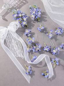 1 Set Floral Headpiece, Bohemian Bride Robe Styling Hair Accessories, Blue Flower Tassel Hair Clip & Hairpin Set Valentine's Day Accessories - Multicolor - View 9