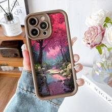 Cubierta de teléfono con borde negro diseño de bosque con flores rosadas y arroyo paisaje mágico para uso diario y viajes - Burdeos - Ver 5