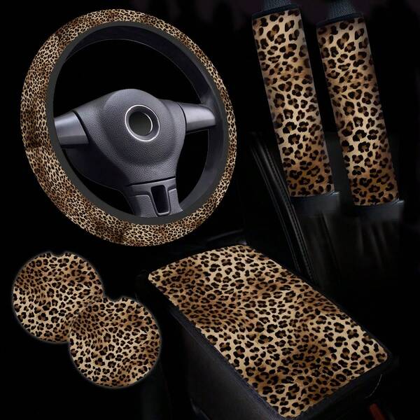 6 قطع مجموعة اكسسوارات داخلية للسيارة بطبعة نمر أصفر، تشمل غطاء عجلة القيادة وغطاء الكتف وغطاء مسند الذراع وحاملي كوبين، مصنوعة من ألياف البوليستر بتصميم مضاد للانزلاق، تناسب معظم طرازات السيارات