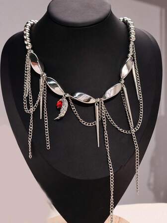 1 pieza Collar con alas de diablo con borlas y rubí, estilo callejero y punk rock de moda, adecuado para uso casual y de calle