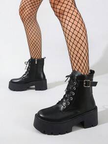 Giày bốt cổ ngắn đế dày màu đen phong cách Punk dành cho nữ, thiết kế khóa cài thời trang, thích hợp mặc hàng ngày, đi xe máy trong mọi mùa - màu đen - Xem 6