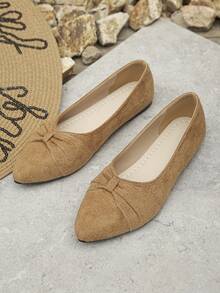 Sapatilhas Tipo Balé de Bico Fino com Laço, Estilo Minimalista de Cor Sólida, Salto Baixo, Plus Size, Fácil de Calçar, Elegantes para Uso Diário na Cor Marrom, Sapatos Femininos Plus Size