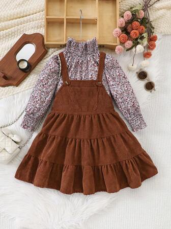 4-7 år gamla flickor casual söt små blommig långärmad klänning med krage och strumpebandshållare, a-linjeformad volangklänning med strumpebandshållare, 2-delat set