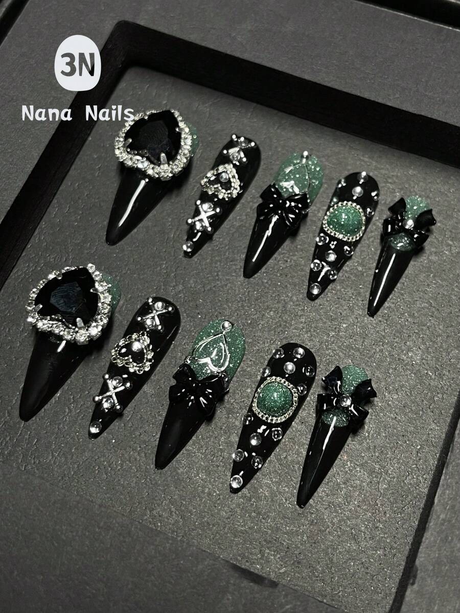 10片装Y2K炫彩美甲贴片，紫色、粉色、蓝色、绿色可选，闪亮紫色和黑色法式美甲贴片，可定制几何图案的按压式美甲贴片，万圣节美甲用品，手工按压式美甲贴片 - 綠色 - 查看 1