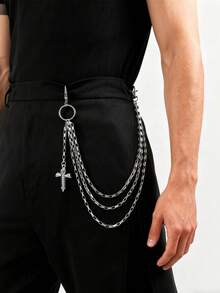 1件男士银色朋克哥特骷髅十字架吊坠腰链，多层金属腰带配饰，男女通用百搭 - 銀色 - 查看 6