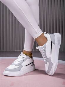 女士新款韩版时尚百搭休闲软底厚底情侣运动鞋，休闲鞋 - 白灰 - 查看 2