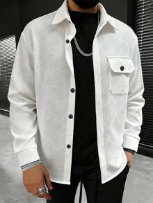 Men's Casual Solid Color Textured Premium Lightweight Business Gentleman Style Autumn/Winter Versatile Long Sleeve Shacket - White - View 1