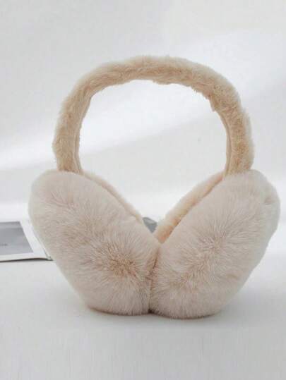 FADZOYLE 1pc Beige Foldable Winter Ear Muffs, Fluffy Wool Ear Warmers, Cute Earmuffs For Women, Adjustable Headband With Soft Wool Lining, Unisex Plush Winter Ear Muffs