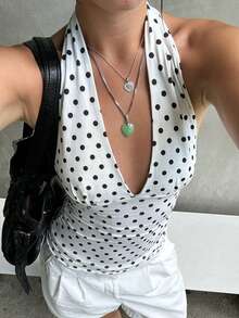 DOUCIU French-Style Polka Dot Print V-Neck Slim Halter Tank Top Sexy Vest Beach Party Outfit - White - View 6