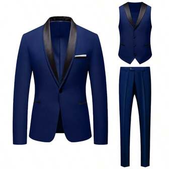 男士修身披肩领单排扣西装三件套，包括外套、马甲和裤子，新郎婚礼礼服及伴郎正装