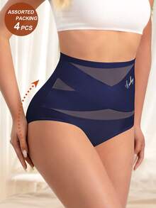 4pcs Random Combination High Waisted Women'S Panties Breathable Mesh Cross Traceless Triangle Panties - 彩色 - 查看 2