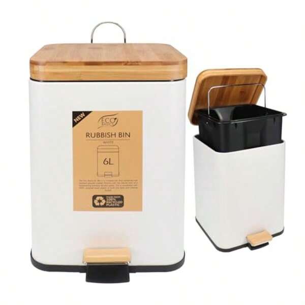 Basics Square Rubbish Bin 6L White Friendly Waste Bin With  Plastic Bamboo Lid And Pedal Soft Close Compact Design For Toilets Kitchens Living Rooms And Small Spaces 30x26x20cm