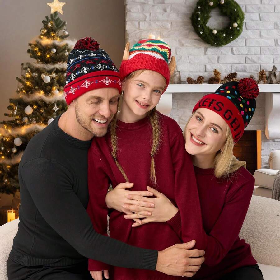 Paquete de 2 gorros de punto con luz LED para Navidad, gorro de punto (batería incluida con 3 modos intermitentes) - 1 - Ver 1