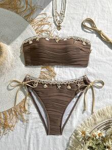 Solid Color Backless Tie-Up Bohemian Beach Bikini Set Vacation Summer - Khaki - View 8