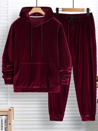 Conjunto de sudadera con capucha de manga larga y pantalones largos con cordón de terciopelo de unicolor, informal para otoño/invierno
