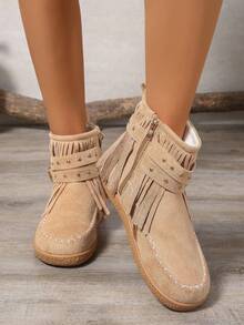 Women's Fashion Fringe Mid-Calf Boots, Western Style Flat Casual Short Boots, Solid Color Suede Stitched Seam Outdoor Wide Shaft Boots, Autumn/Winter - 灰色 - 查看 5