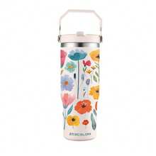 1pc 30oz/900ml Colorful Floral Pattern Stainless Steel Insulated Tumbler, Large Capacity Handled Water Bottle With Straw, Suitable For Travel, Outdoor, Gym, Office, Home, All Seasons, Great Gift For Friends, Family, Holidays (With Straw)