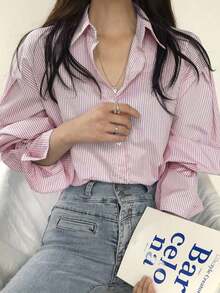 Women's Casual Unique Collar Striped Long Sleeve Loose Button-Up Blouse Shirt - Pink - View 4