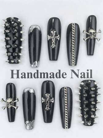 10片朋克哥特风美甲黑色手工可爱长方形亚克力按压式美甲套装，含3D珠子、链条、铆钉金属装饰，创意Y2K假指甲套装，美甲艺术设计，不对称几何假指甲，女士和女孩美甲用品