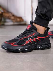 أحذية رياضية رجالية منخفضة الكاحل - أحذية ذات رباط باللونين الأسود والأحمر، مع دعم للقوس، وبطانة مطاطية مبطنة، مناسبة للجيم والجري والرياضة اليومية - خفيفة الوزن ومنفذة للهواء، مناسبة للارتداء اليومي والرياضي، تصميم أنيق، بطانة قماشية - الأسود والأحمر - مشاهدة 12