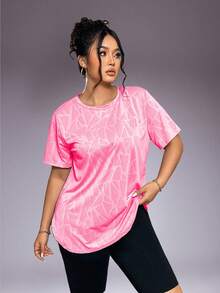 1pc Women Plus Size Casual Sports T-Shirt, Round Neck With Curved Hem, Summer - Pink - View 7