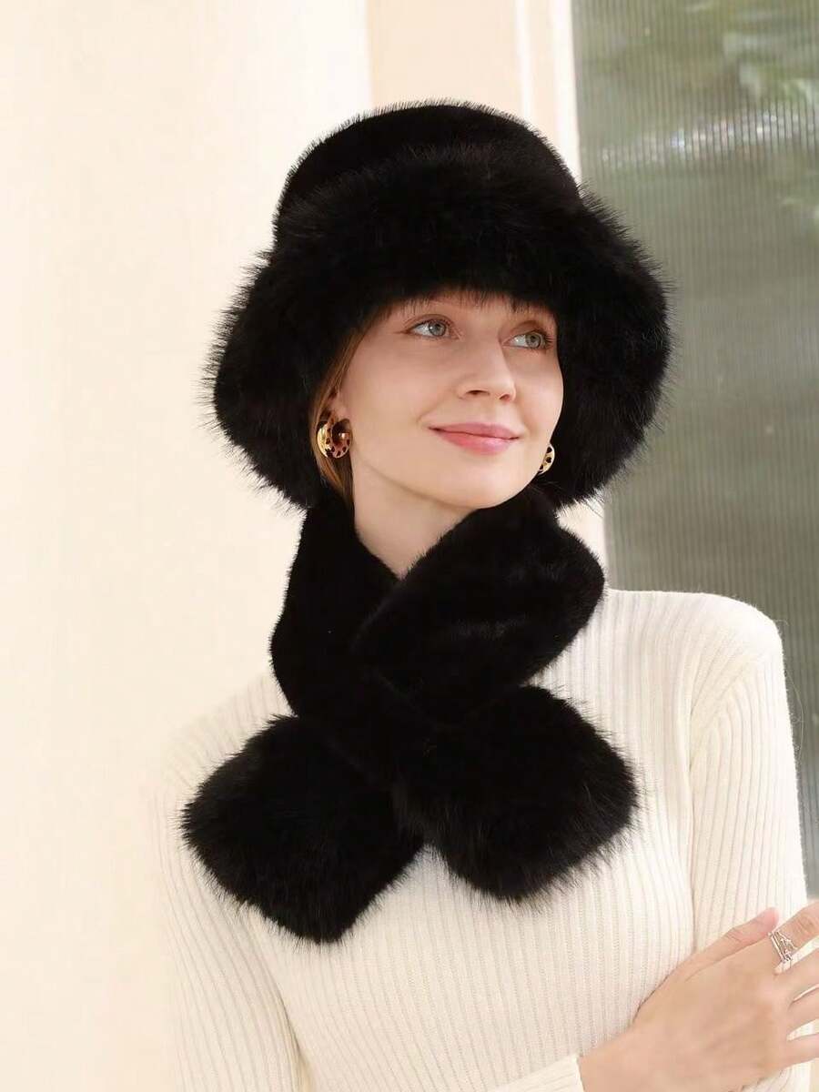1 Set Women's Warm Faux Fur Hat & Scarf, Vintage Style, Fluffy Fabric, Suitable For Winter Women Winter Clothes Valentines Gift - Multicolor - View 1
