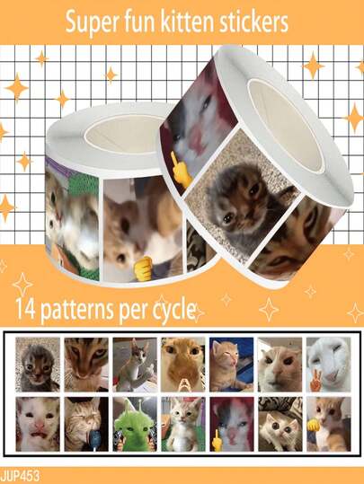 500 piezas/Rollo Pegatinas de gato lindas y divertidas, 14 patrones por rollo, adecuadas para decorar teléfonos, estuches de lápices de estudiantes y manualidades de papelería