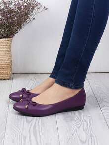 Bailarinas para mujer con lazo decorativo, punta fina, sin agujetas, planas, estilo minimalista para oficina y diario - Morado - Ver 2